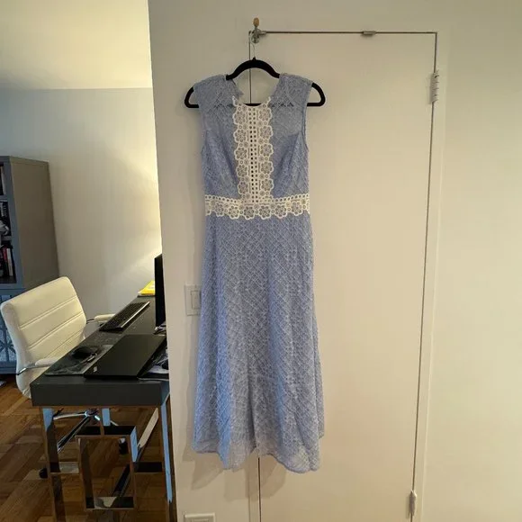 sandro blue floral midi dress Sandro // Floral Wrap Dress – VSP Consignment main image 1